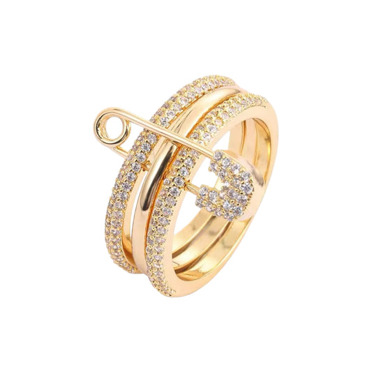 LUX Safety Pin Stacked Ring -Zircon Encrusted