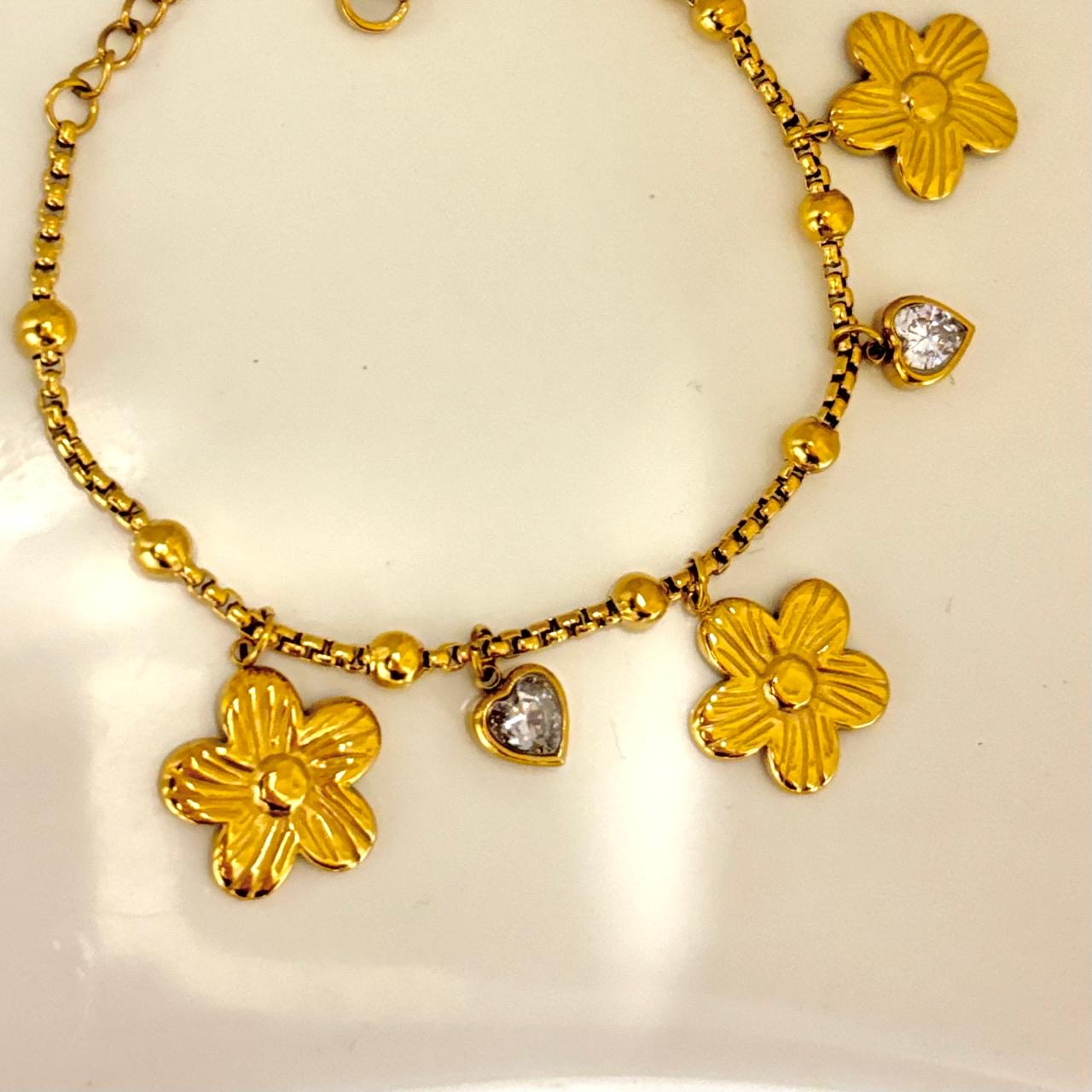 Flora Heart Cz Charm Bracelet