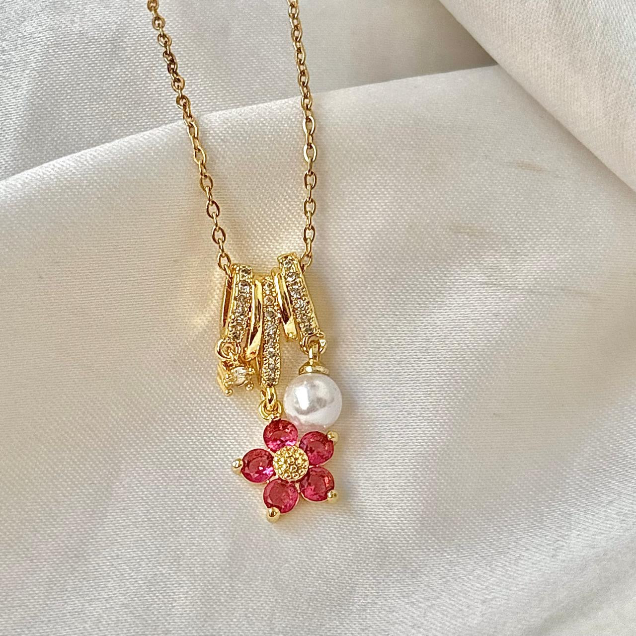 Fuchsia Florentine Pearl Gem Charm Necklace -18K