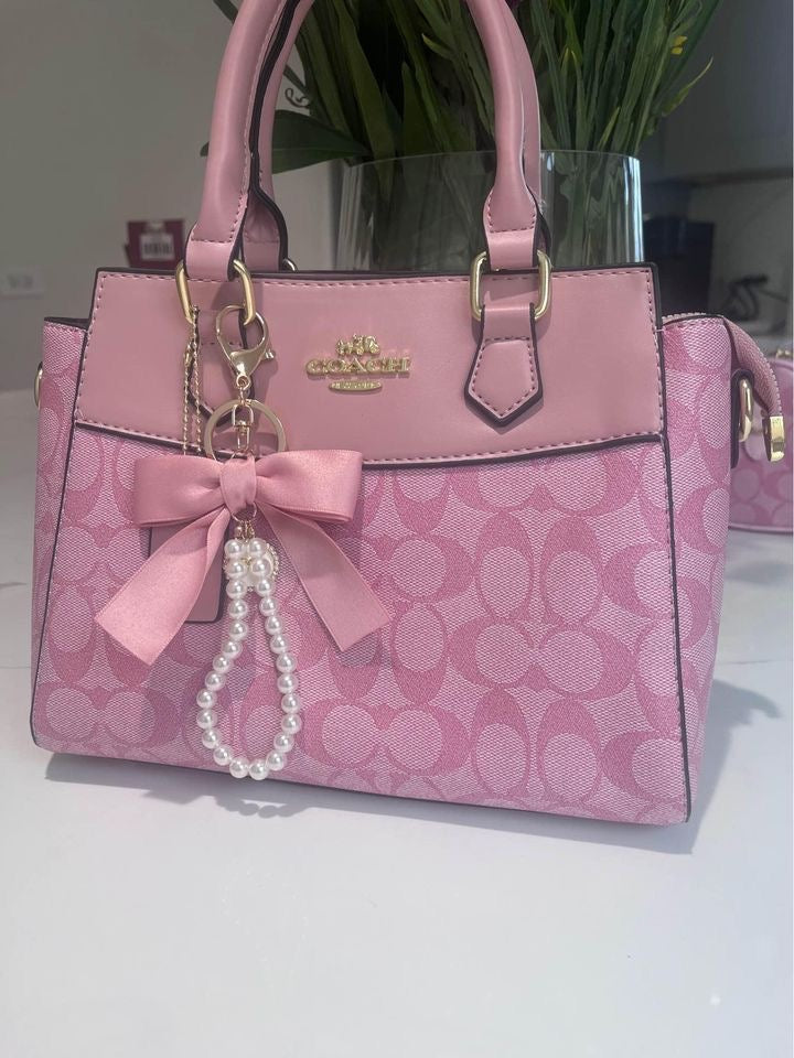 Ribbon Bow Pearl Bag X Phone Charm -Pink
