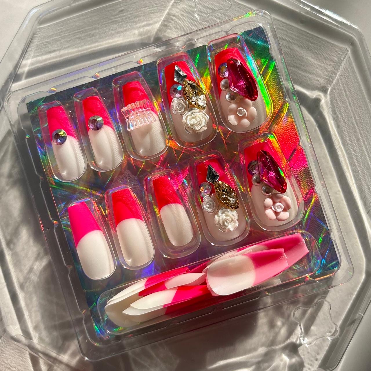 Fuchsia Pink Rhinestone Press On Nails