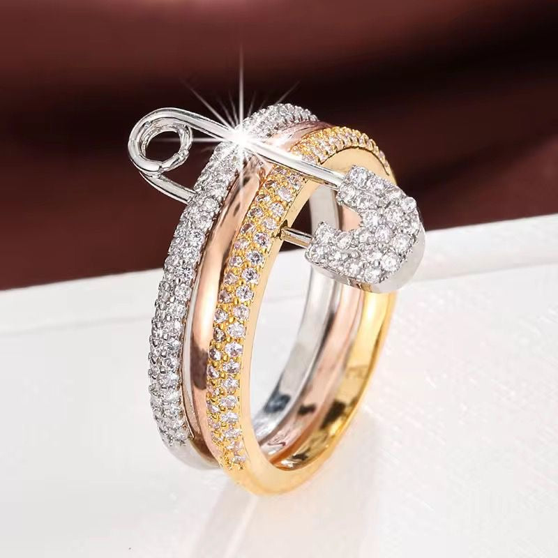 LUX Safety Pin Stacked Ring -Tri Toned | Zircon Encrusted