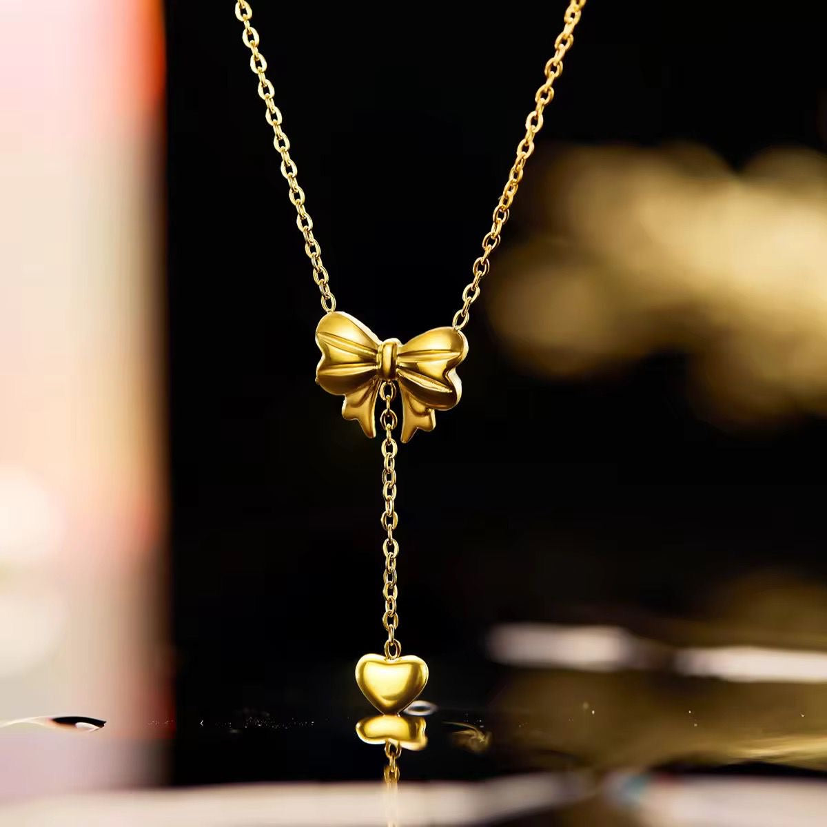 Bow Heart Lariat Necklace