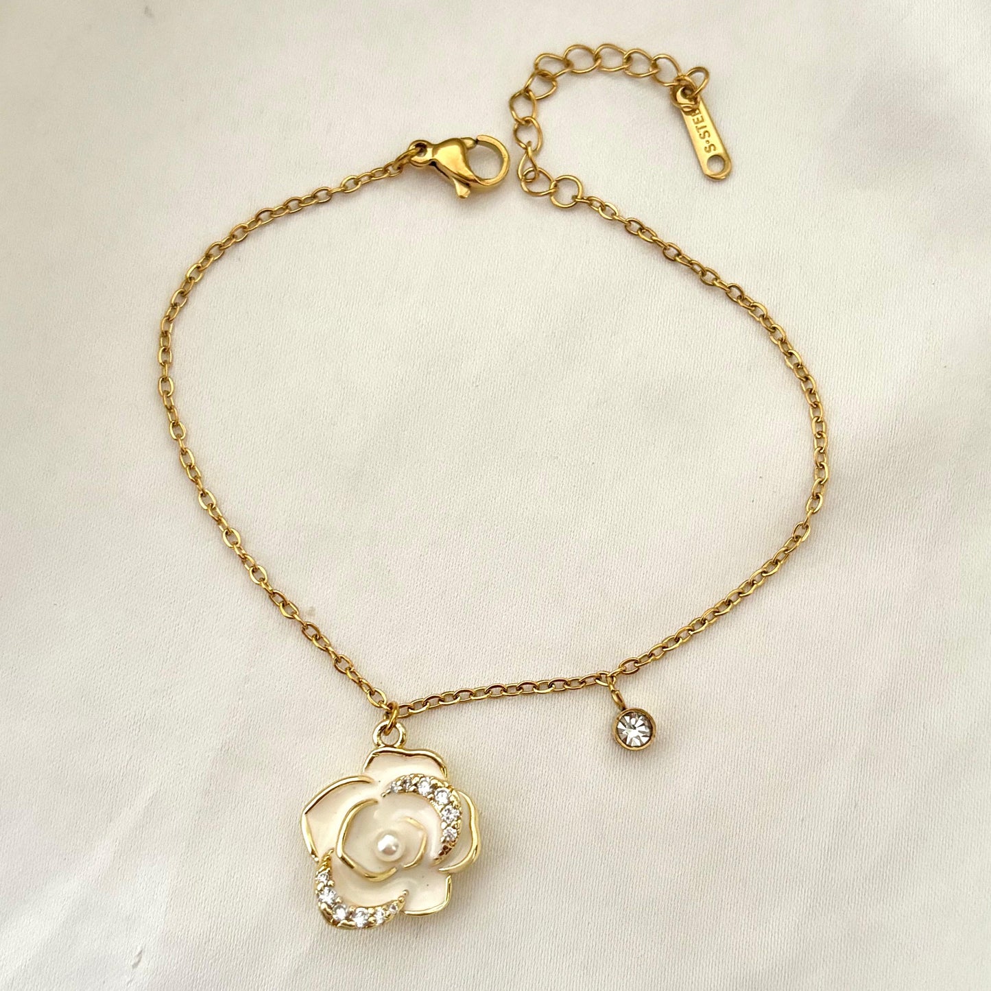 White Rose Diamond Charm Bracelet