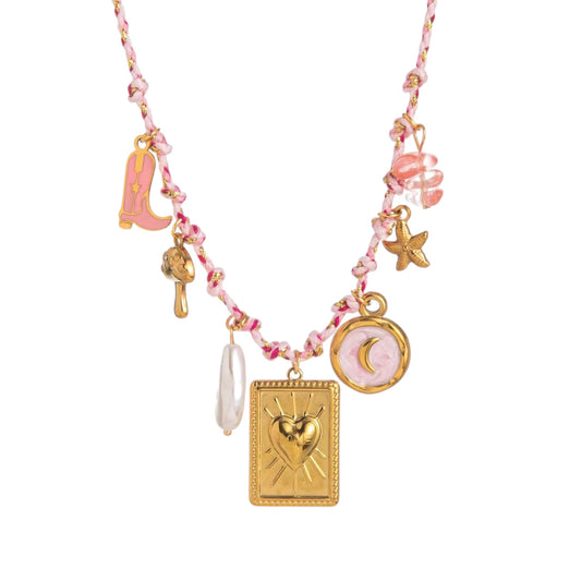 Pink Quartz Charm Cord Necklace