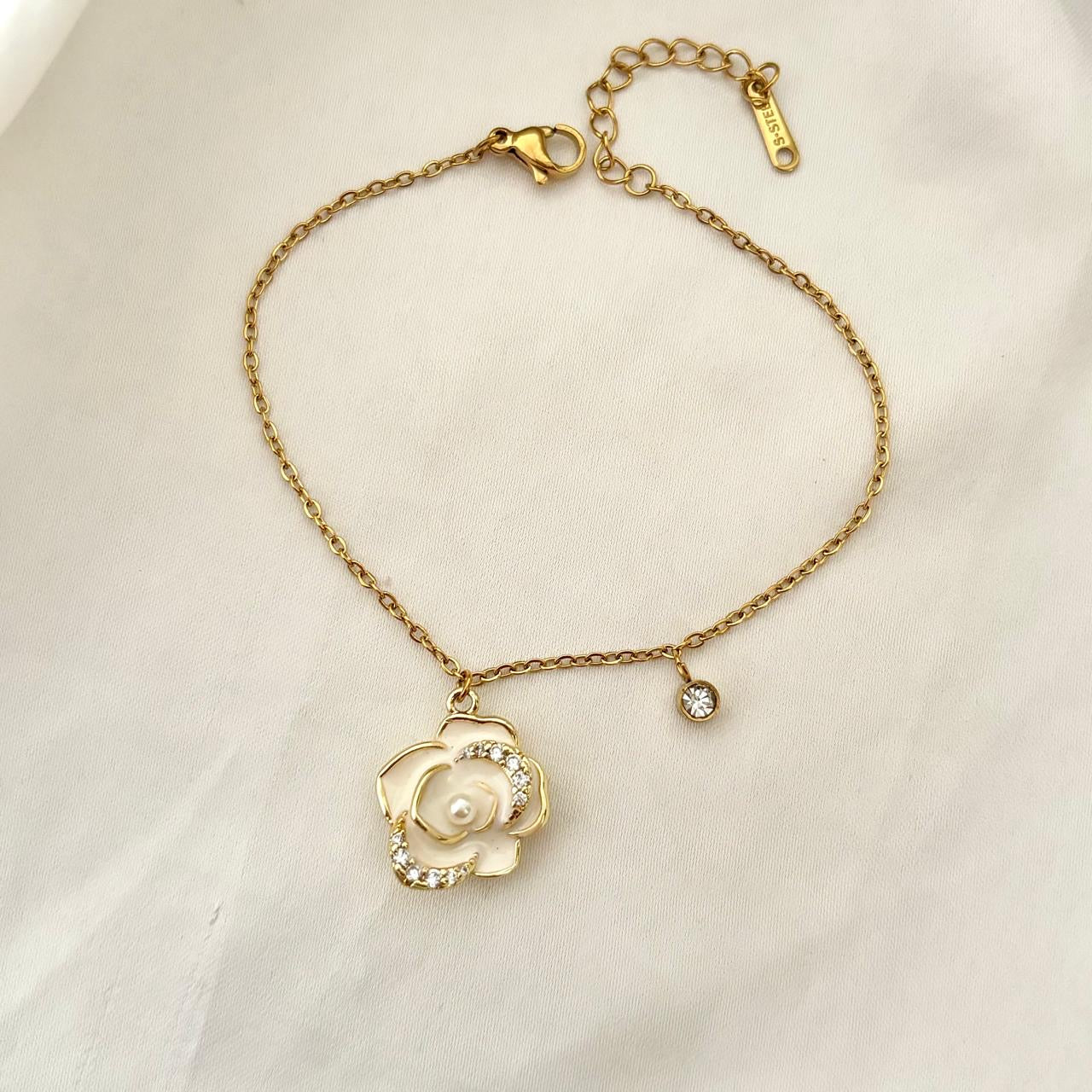 White Rose Diamond Charm Bracelet