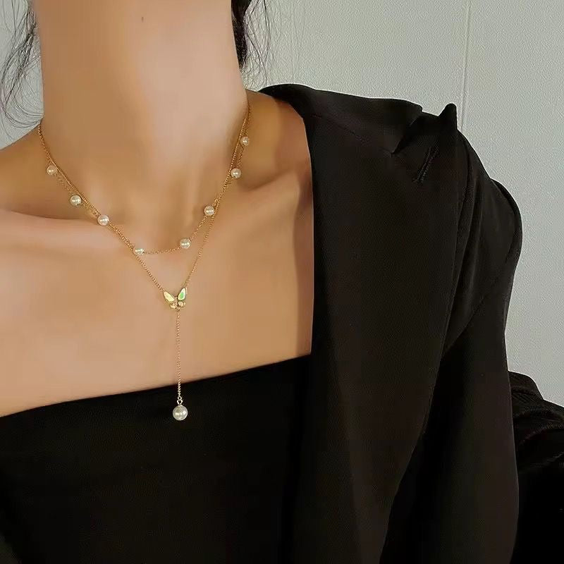 Layered Pearl X Flutter Lariat Necklace