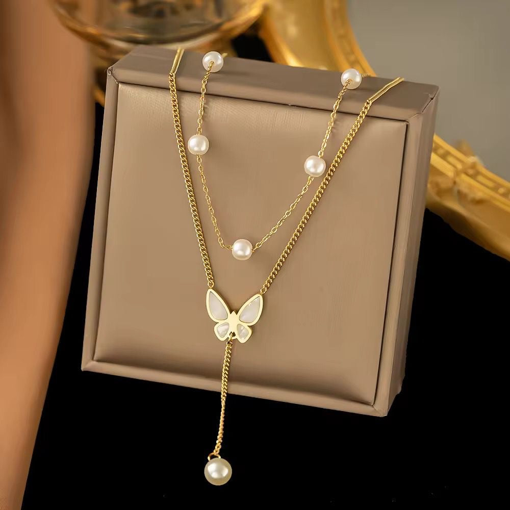 Layered Pearl X Flutter Lariat Necklace