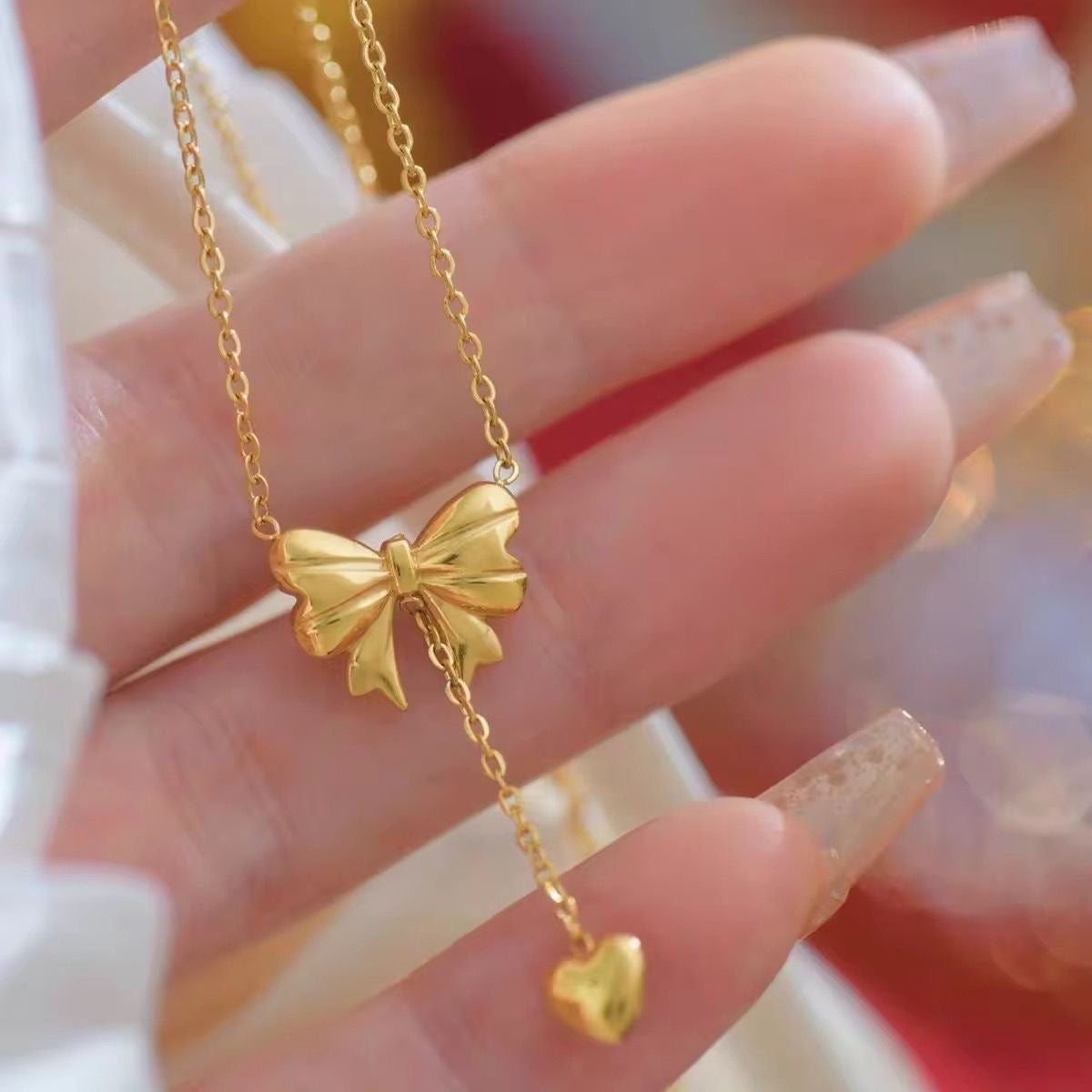 Bow Heart Lariat Necklace