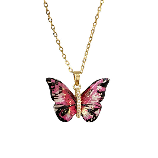 Pink Morphe Crystal Mariposa Necklace -18K