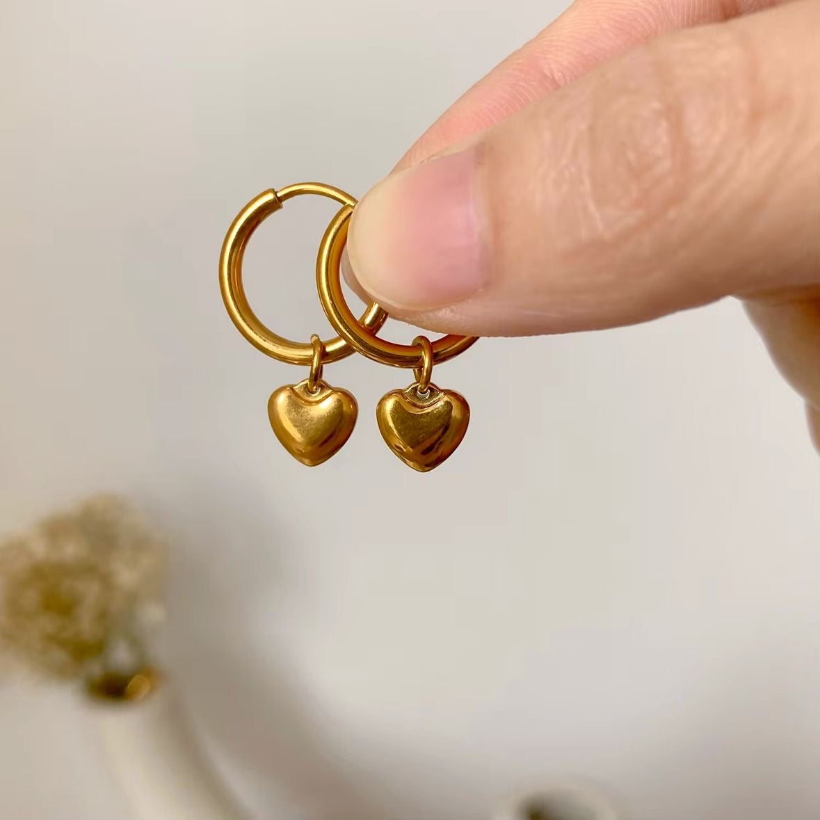 Dainty Heart Charm Hoops -18K