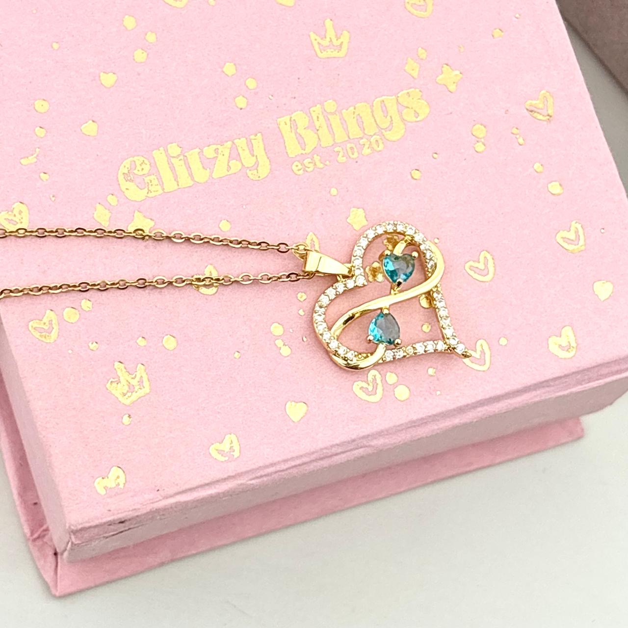 Heart Infinity Aqua X White Zircon Necklace -18K