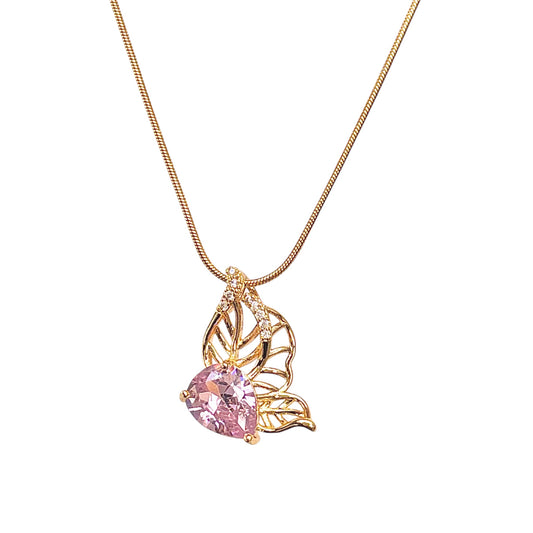 Pink Leafy Zirconia Necklace -18K