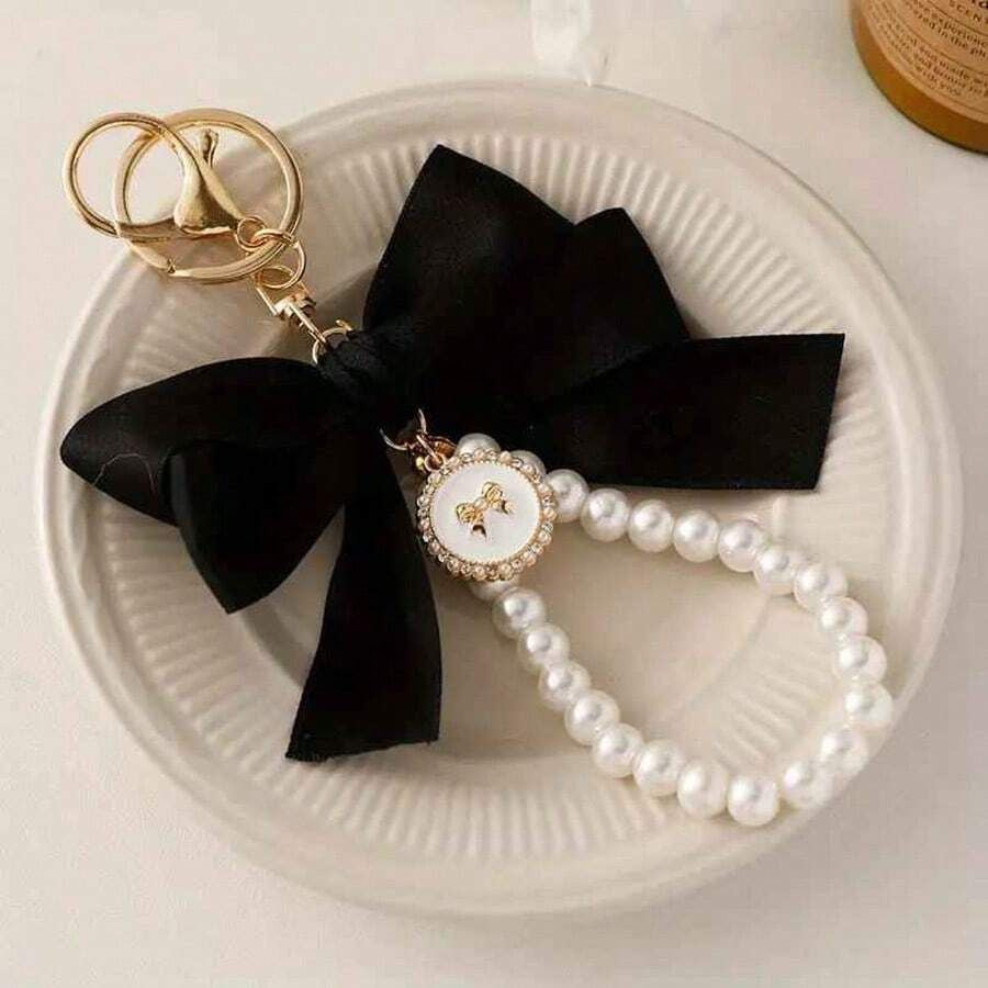 Ribbon Bow Pearl Bag X Phone Charm -Black