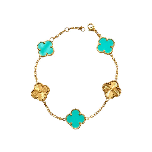 Luxurious Turquoise X Gold 5 Motifs Clover Bracelet -22K