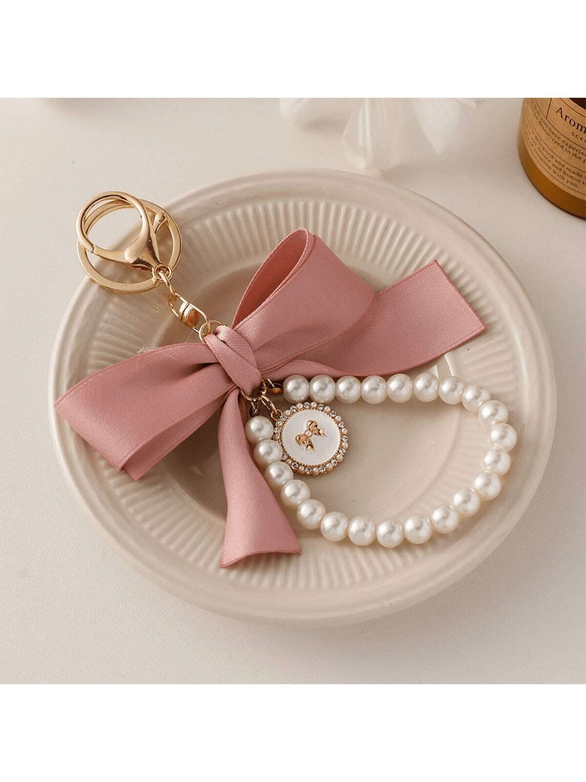 Ribbon Bow Pearl Bag X Phone Charm -Pink