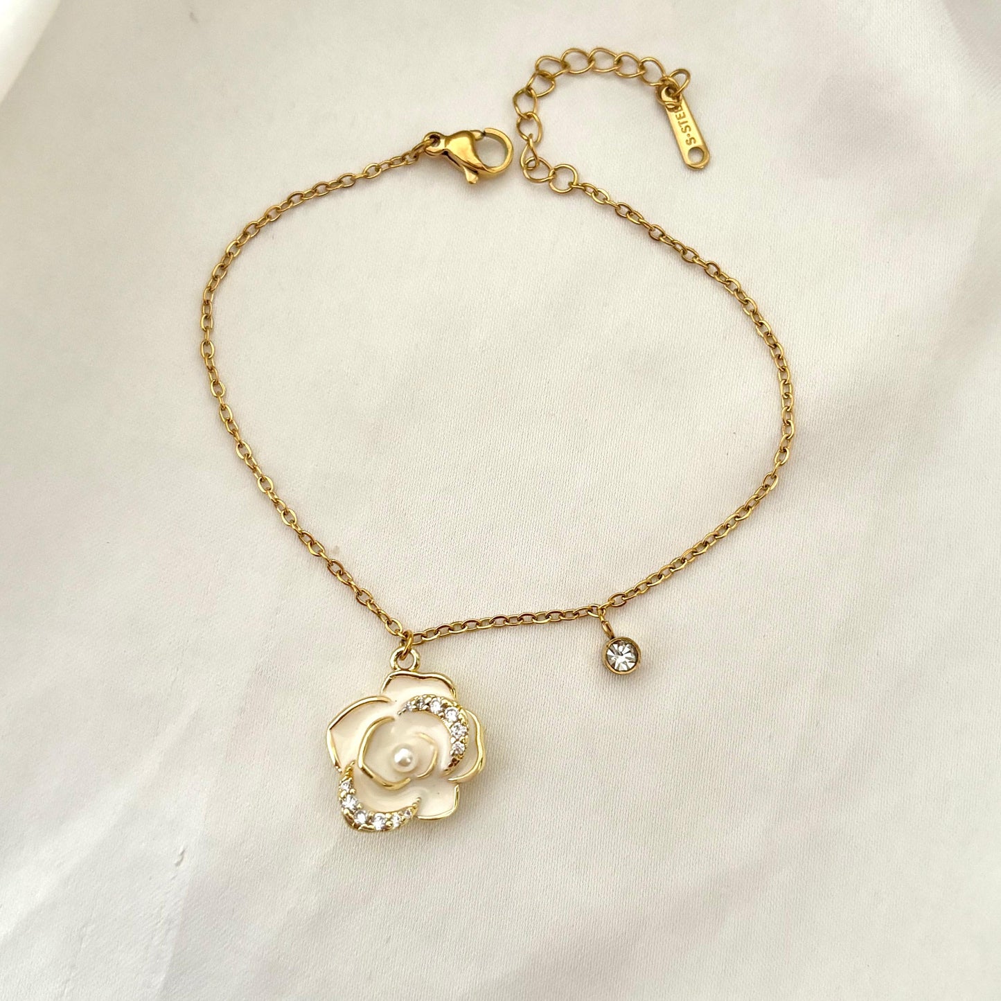 White Rose Diamond Charm Bracelet