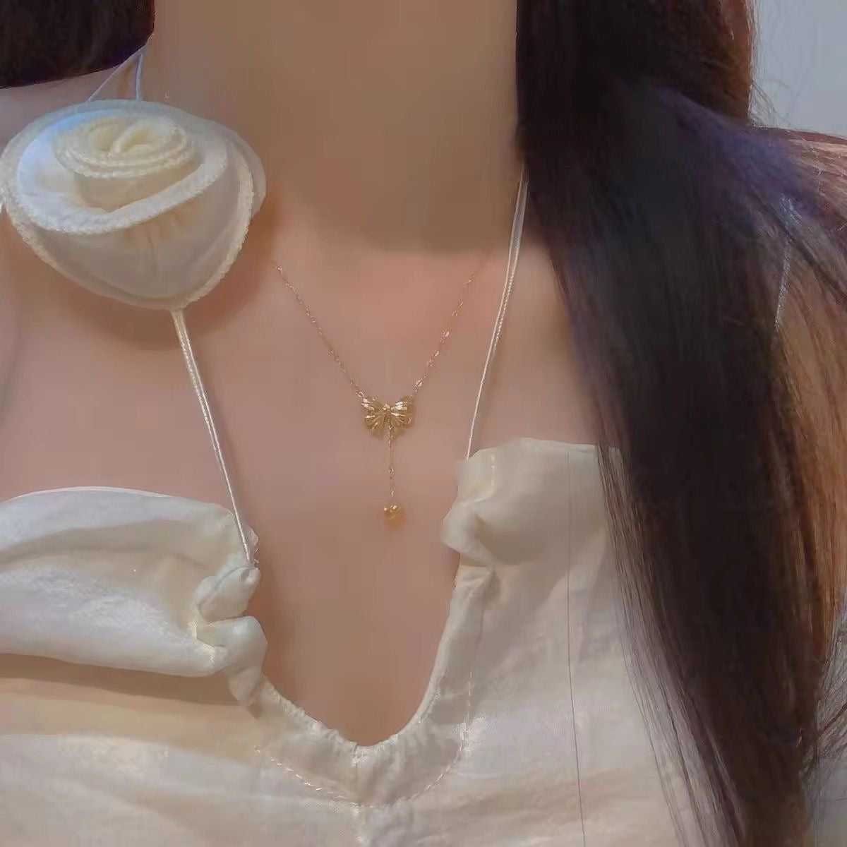 Bow Heart Lariat Necklace