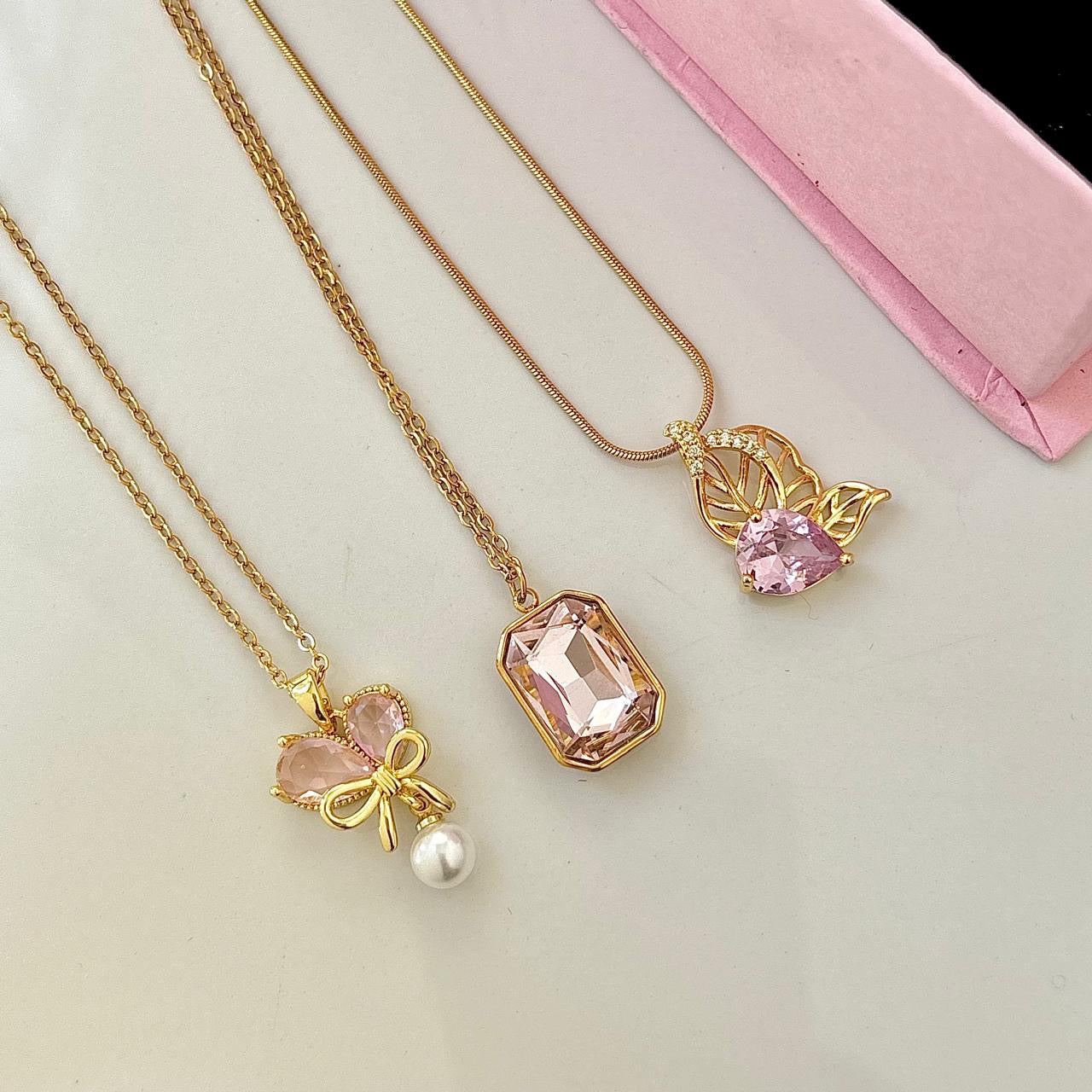 Pink Leafy Zirconia Necklace -18K