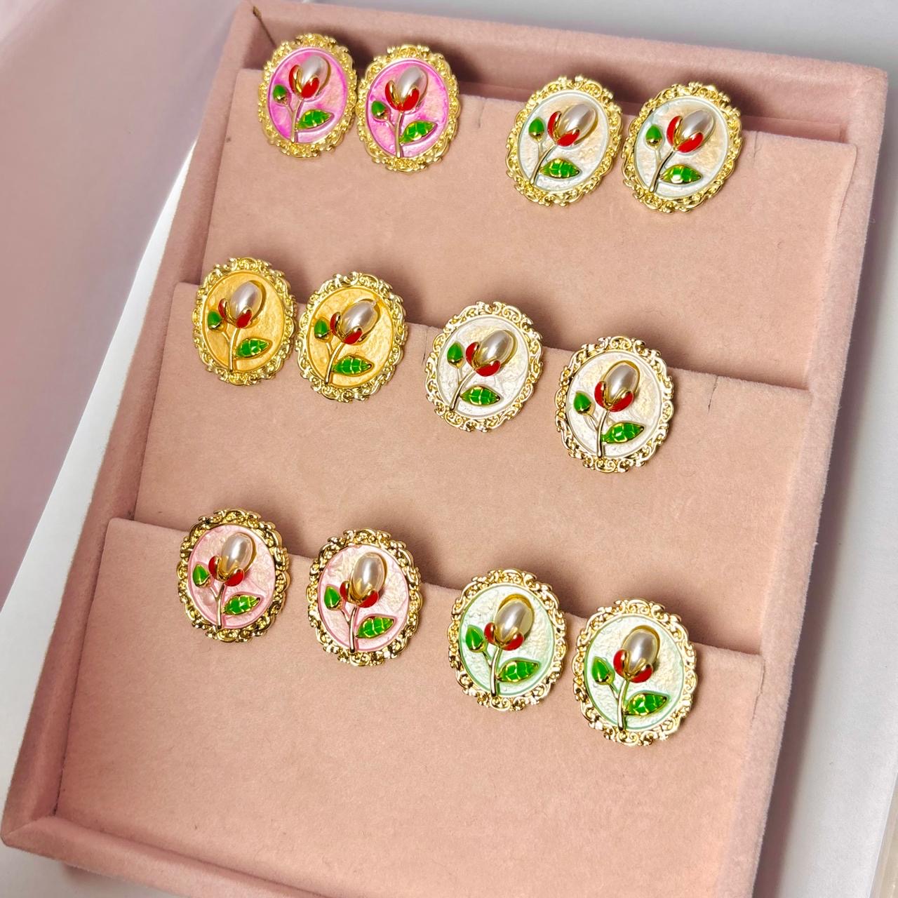 Whimsy Flora Studs -Hand Painted | White