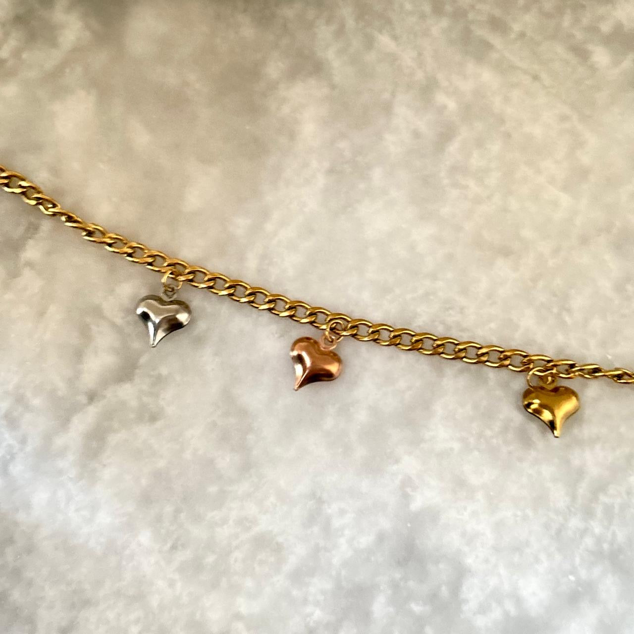 Figaro Anklet With Heart Charms -18K