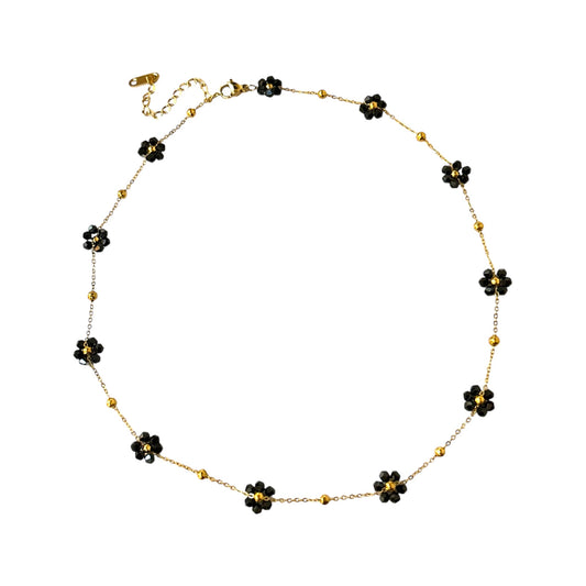 Black Daisy Beaded Necklace -18K | Handmade