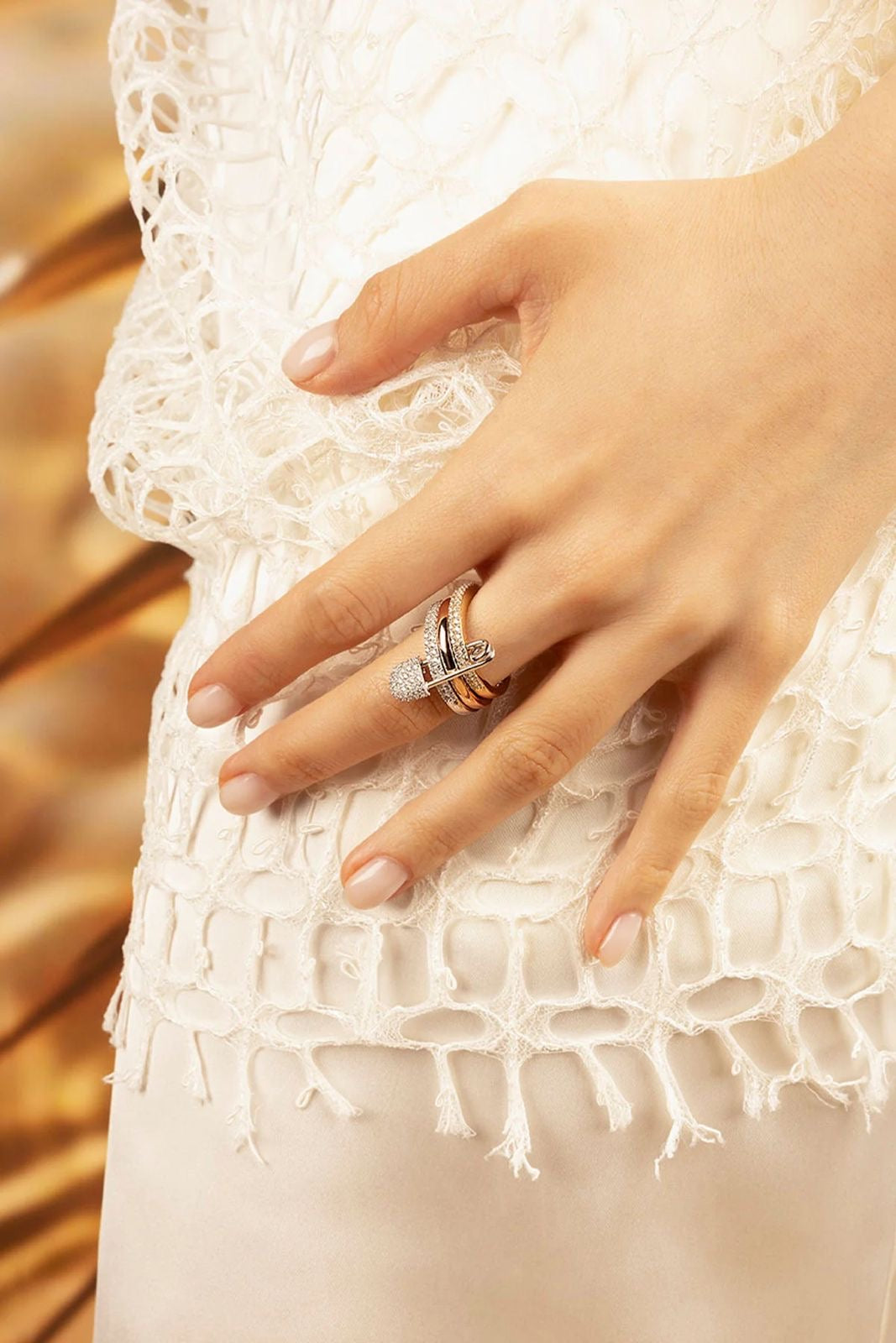 LUX Safety Pin Stacked Ring -Tri Toned | Zircon Encrusted