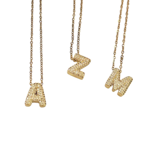 Paved Puffy Initial Necklace -Mini