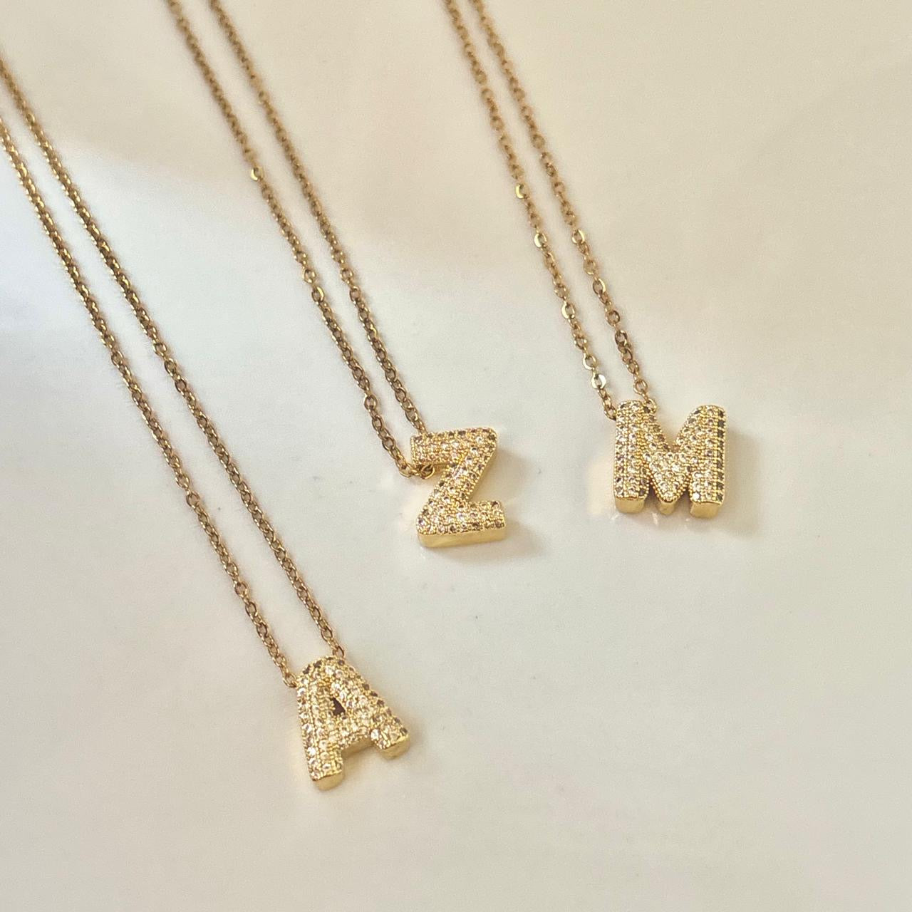 Paved Puffy Initial Necklace -Mini