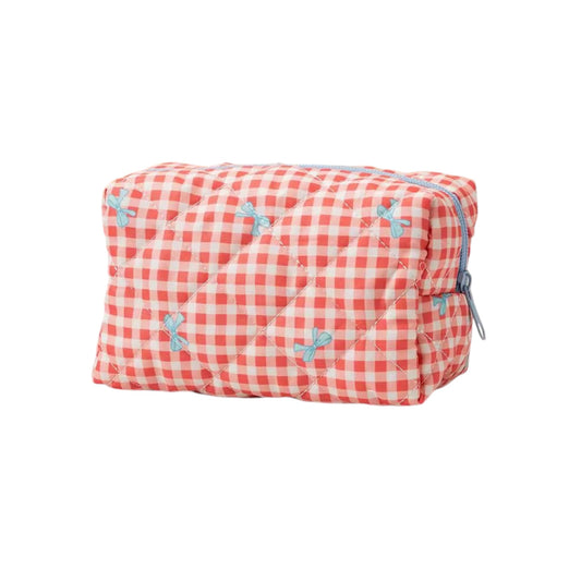 Bow Checkered Quilted Travel X Make Up Bag