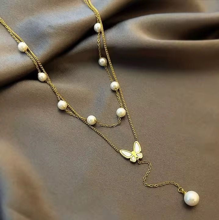 Layered Pearl X Flutter Lariat Necklace