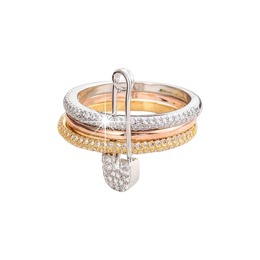 LUX Safety Pin Stacked Ring -Tri Toned | Zircon Encrusted