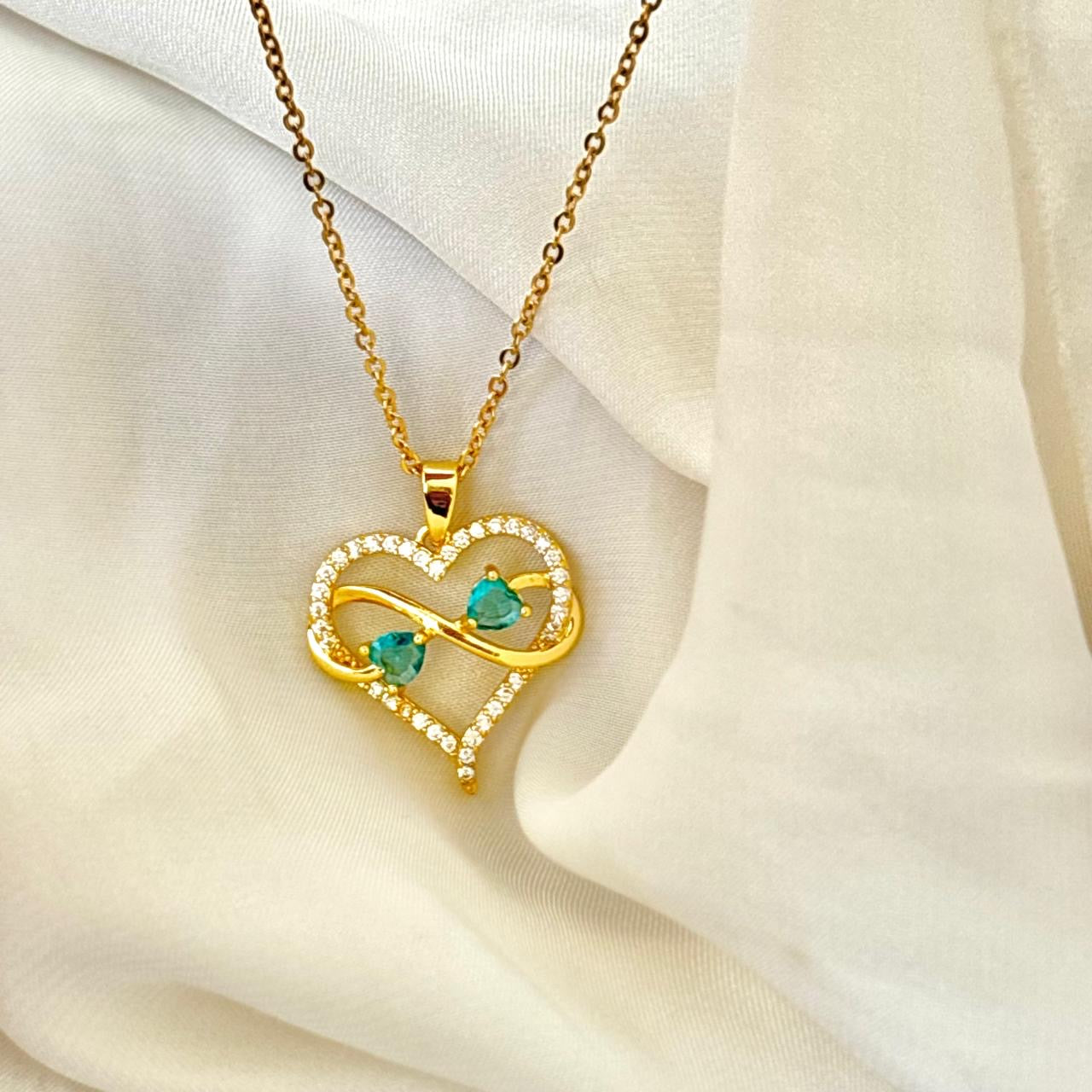 Heart Infinity Aqua X White Zircon Necklace -18K
