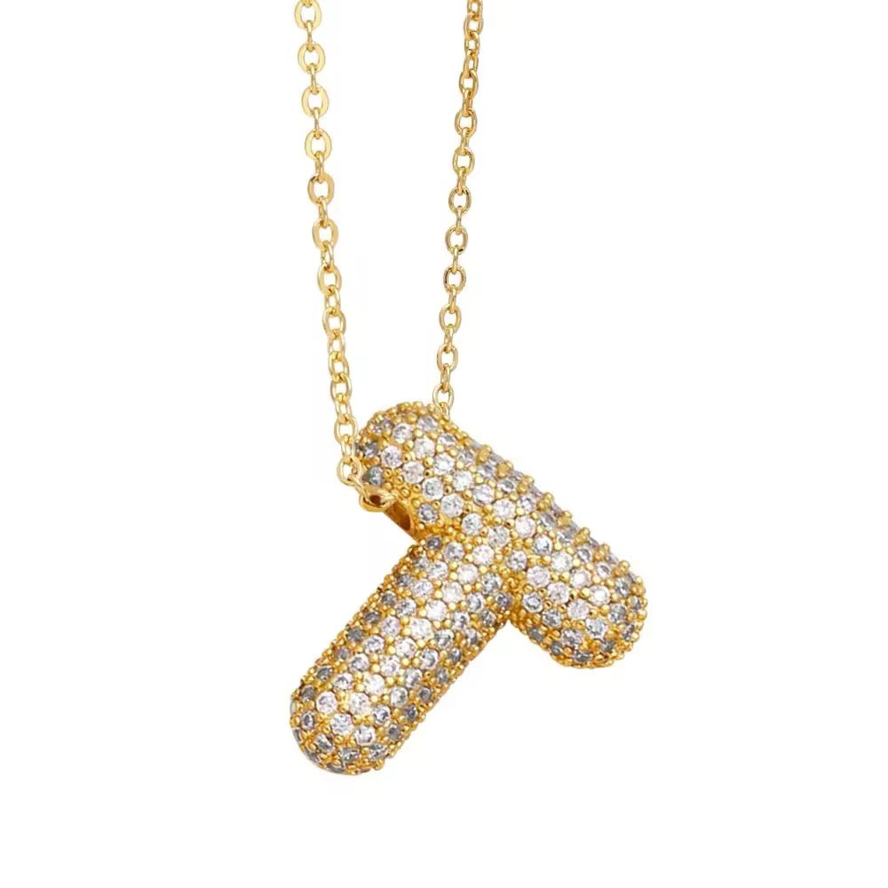 Paved Puffy Initial Necklace -18K