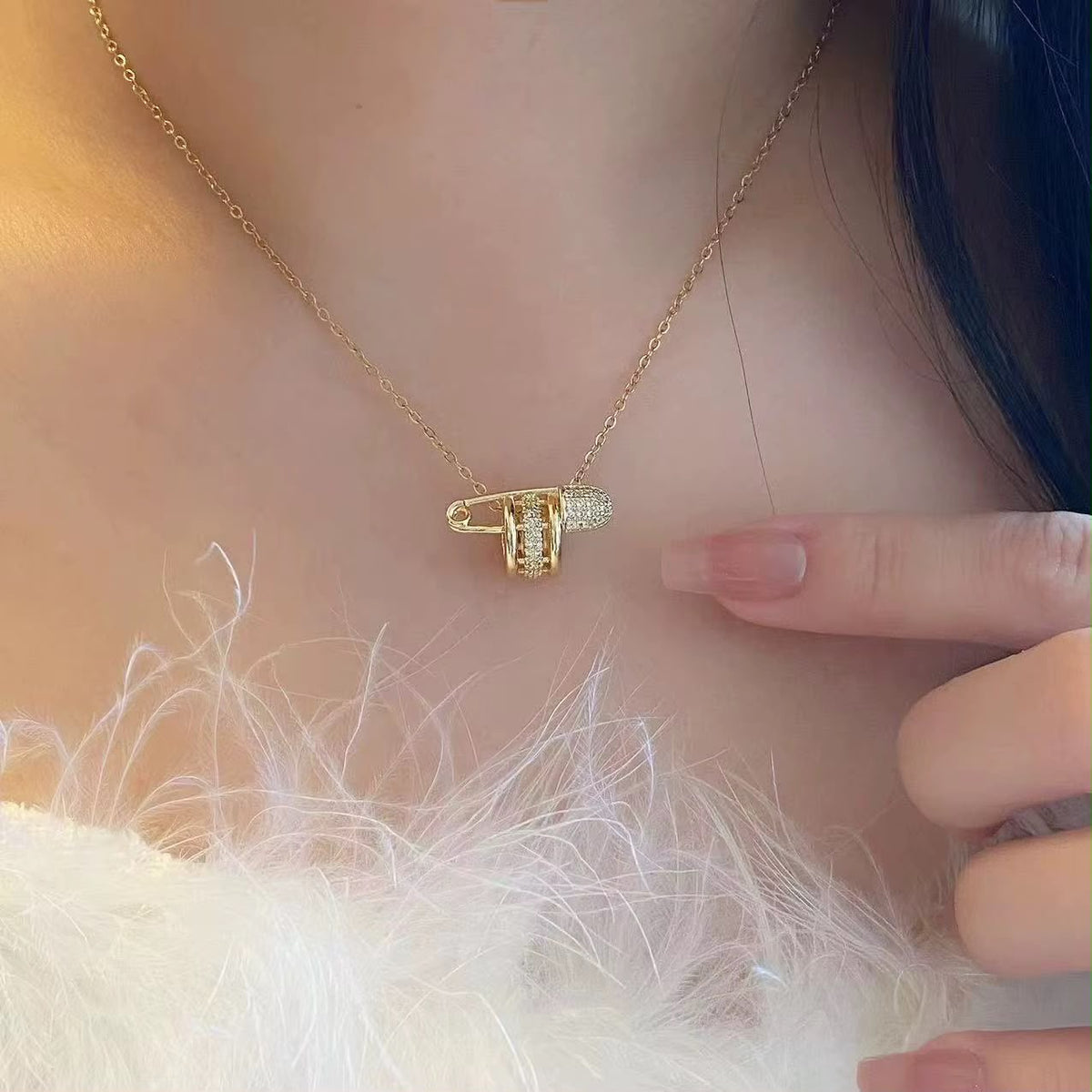 Safety Pin Pave Necklace