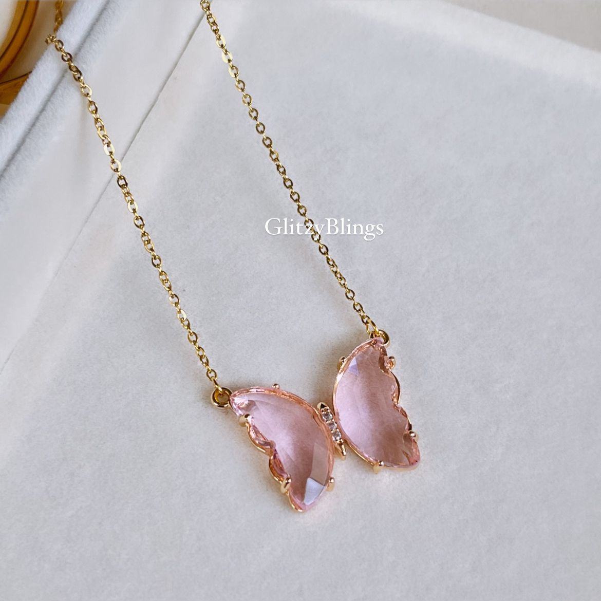 Pink Glass Crystal Butterfly Necklace