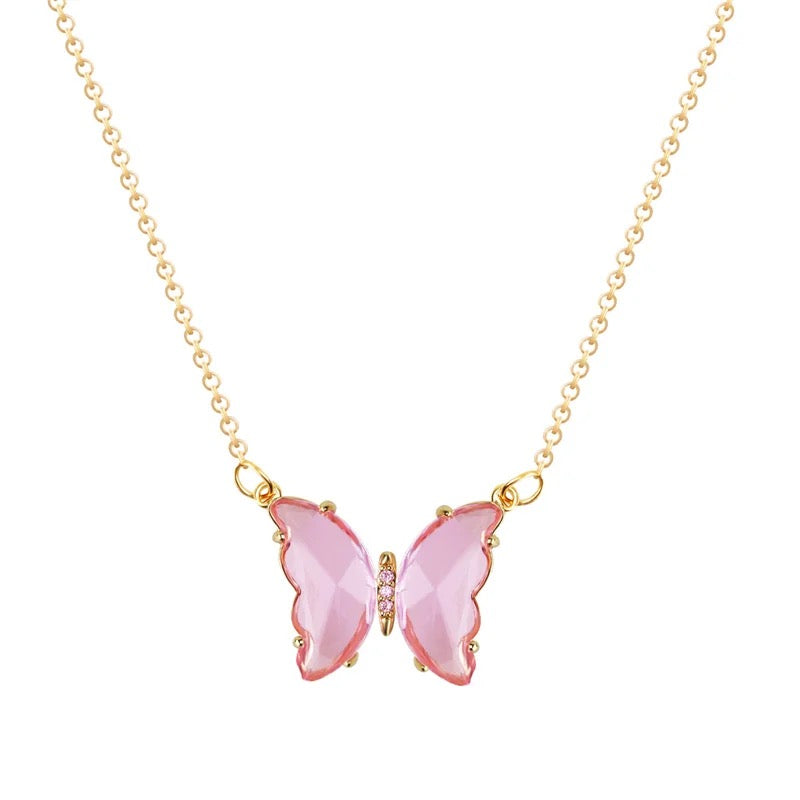 Pink Glass Crystal Butterfly Necklace