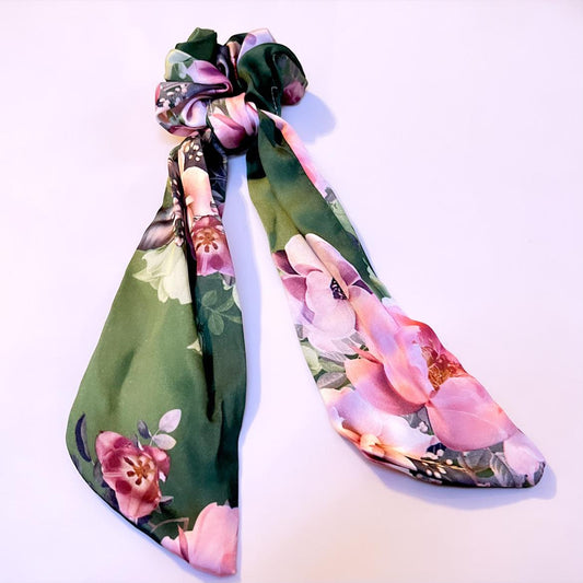 Bottle Green Floral Silk Scrunchie