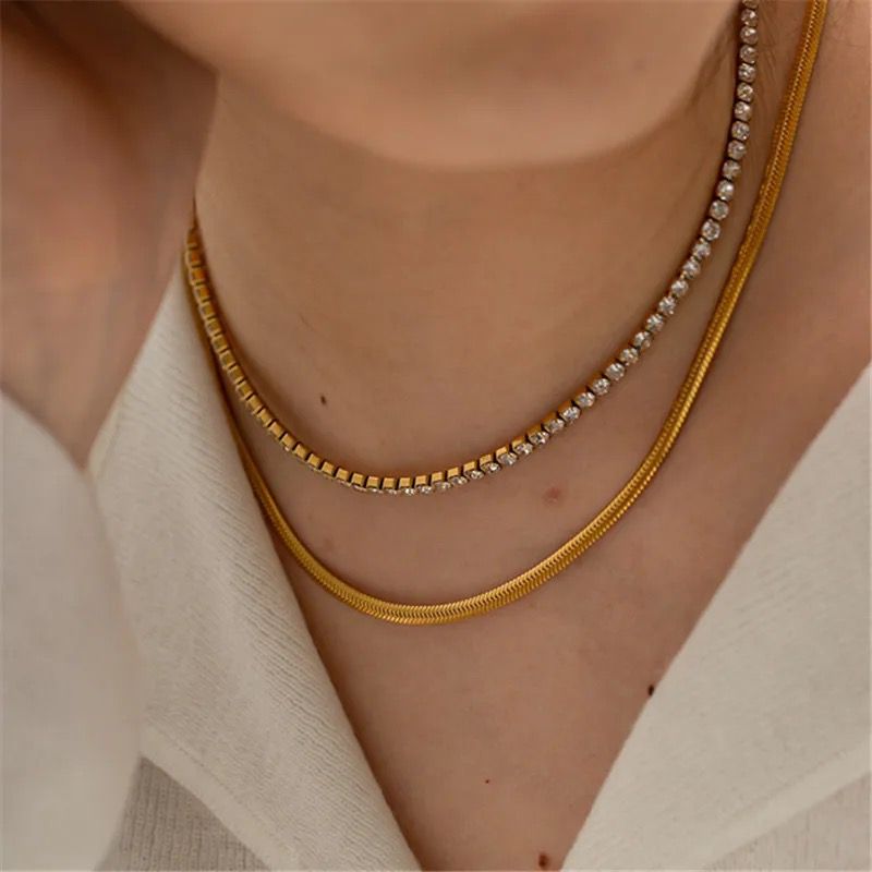 Melina Layered Cz Tennis x Snake Chain Necklace