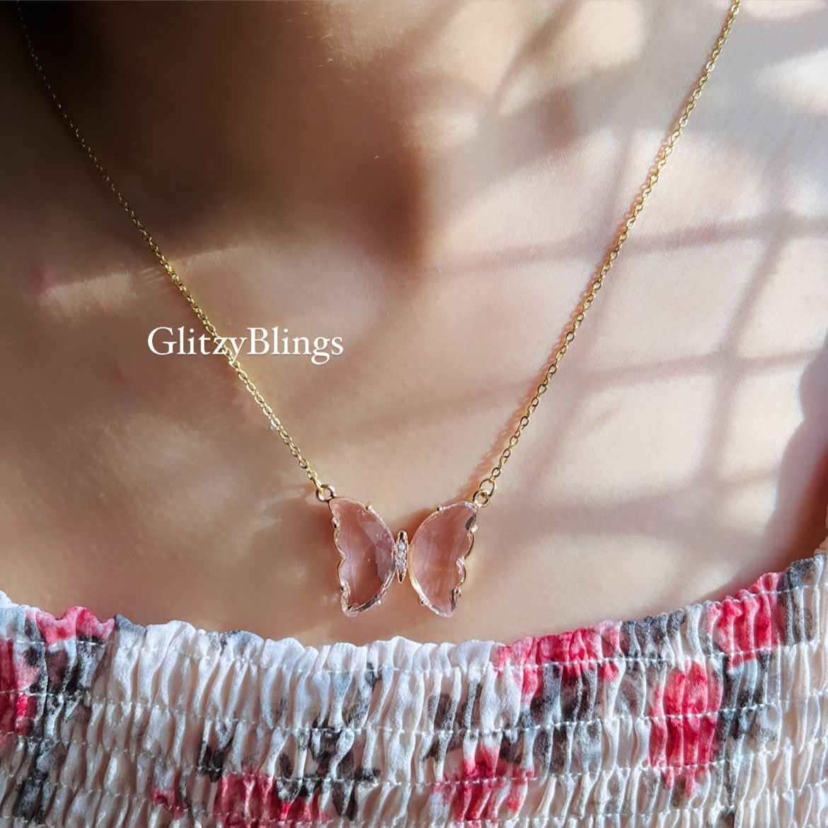 Pink Glass Crystal Butterfly Necklace