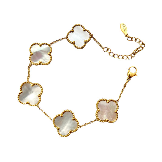 Luxurious Mother Of Pearl White 5 Motifs Clover Bracelet