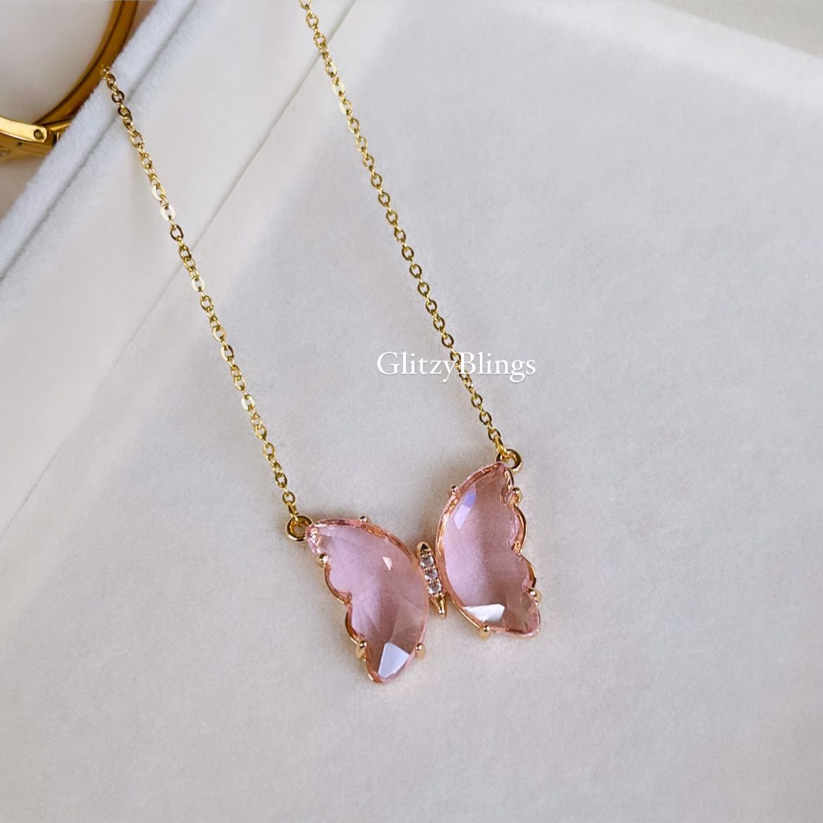 Pink Glass Crystal Butterfly Necklace